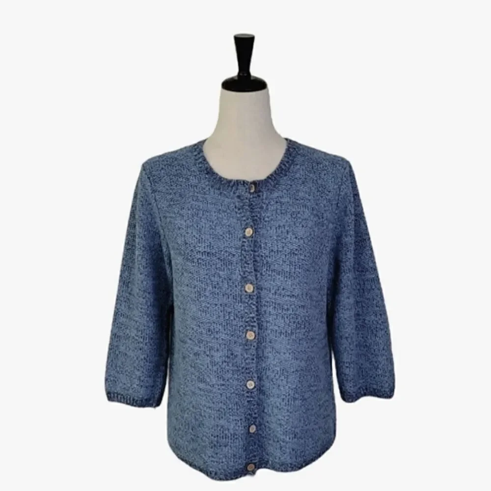Christopher & Banks Marled Blue 3/4 Sleeve Crewneck Cardigan Sweater Size M - Picture 2 of 9